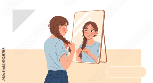 Young Woman Braiding Hair While Admiring Her Reflection, Beauty and Self-Care Concept