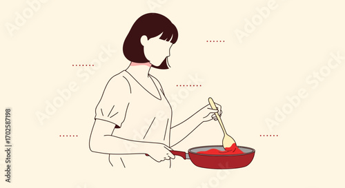 Woman Preparing Food In Kitchen, Stirring Sauce In The Red Cookware With Wooden Spoon Gently