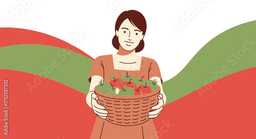Woman Presenting a Basket of Apples with a Creative Flat Design Background