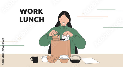 Woman Preparing Work Lunch, Illustration Depicting a Meal Delivery or Takeaway Concept