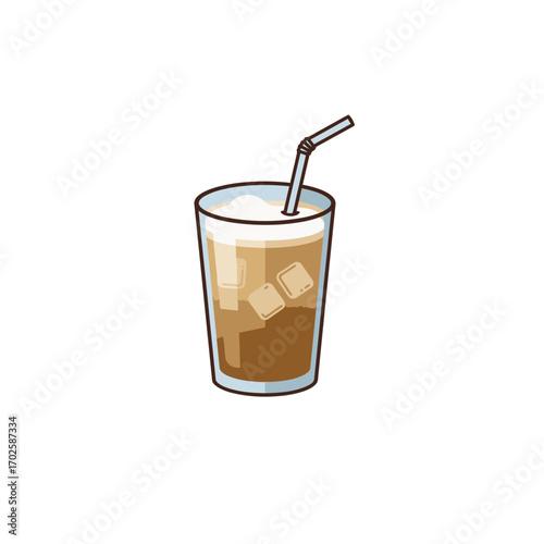 Iced latte in glass with straw and ice cubes  