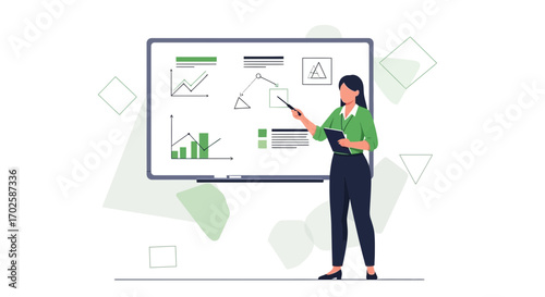 Woman Presenting Data Analysis On Board Illustrates Digital Marketing Strategies Perfectly
