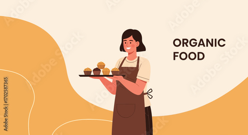 Woman Presents Tray Of Organic Muffins In a Modern Design Illustrating Fresh Food