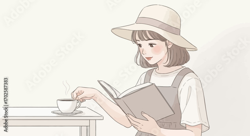 Young Woman Enjoying Coffee And Reading, Relaxing In Peaceful Morning Sunlight