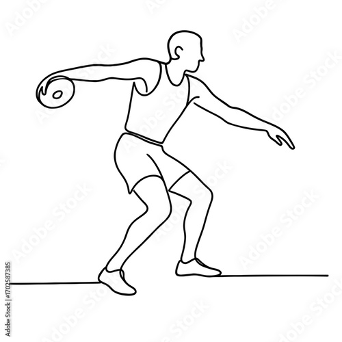 Male athlete performing discus throw in line drawing style  
