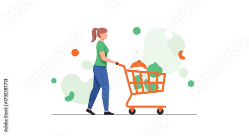 Woman Pushing Shopping Cart Filled With Groceries, Fresh Food, And Daily Essentials