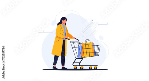 Woman Pushing Shopping Cart Full Of Purchases, Illustrated On A White Background