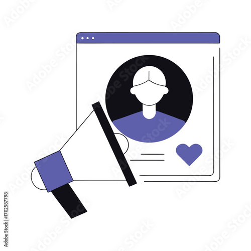 Vector art of megaphone and profile icon with heart symbol representing social media marketing and engagement
