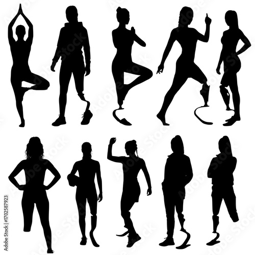 Diverse women embracing active lifestyles showcasing strength resilience and empowerment with prosthetic limbs in dynamic poses