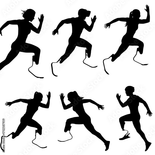 Dynamic athletes with prosthetic legs race forward, embodying strength, resilience, and the spirit of athletic achievement.