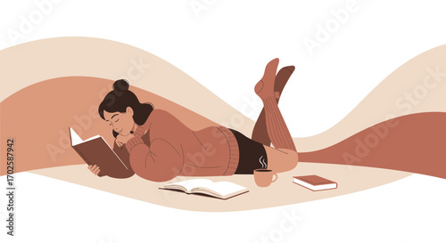 Woman Reading Book Relaxing in a Cozy and Peaceful Ambiance with Drink and Literature