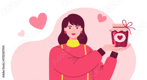 Young woman holding a jar of jam with a heart illustration, conveying love and affection