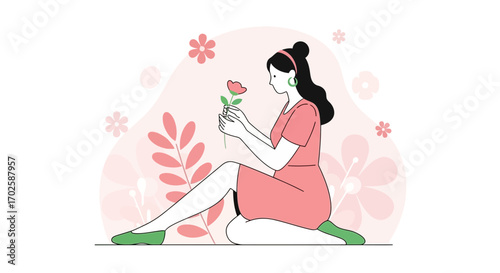 Young Woman Gazing At Flower, Contemplating, Peaceful, Tranquil, Calmness And Simplicity