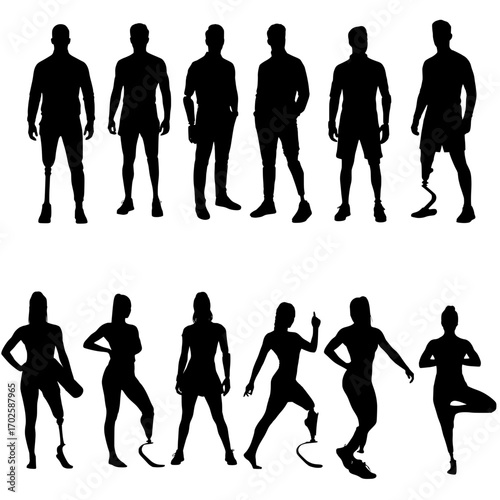 Diverse individuals with prosthetics showcasing strength confidence and active lifestyles in dynamic poses inspiring achievement