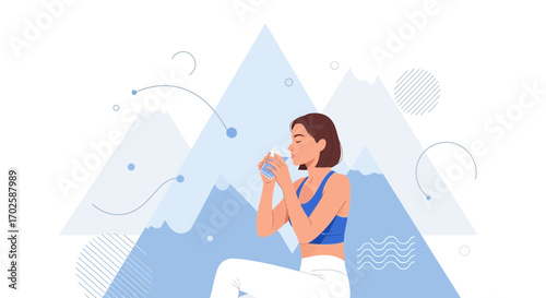 Woman Refreshing With Water Amidst Mountainous Landscape In A Calm And Relaxing Pose