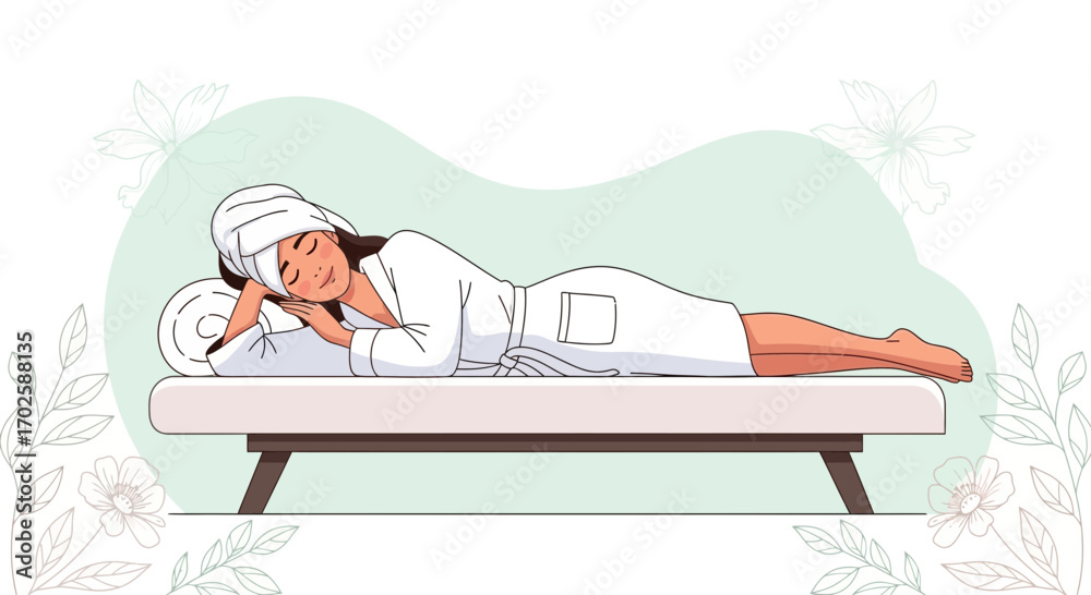 Obraz premium Woman Relaxing Peacefully on Spa Bed After Treatment in Animated Illustration
