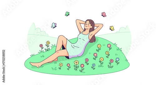 Woman Relaxing On The Nature Resting Among Flowers And Butterflies Peaceful Moments