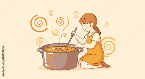 Young Woman in Apron Mixing Food In Cooking Pot With Warm Color Tones