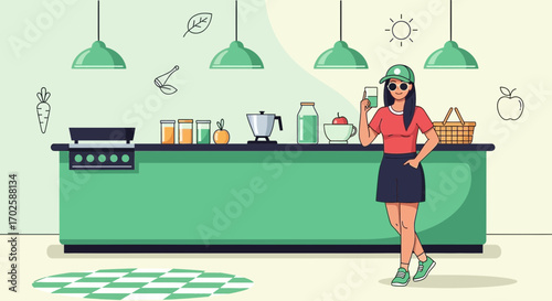Young Woman In A Fresh Kitchen Drinking Green Juice, Lifestyle Scene