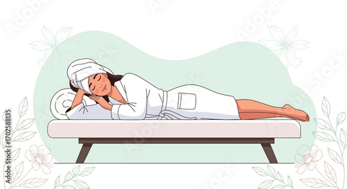 Woman Relaxing Peacefully on Spa Bed After Treatment in Animated Illustration
