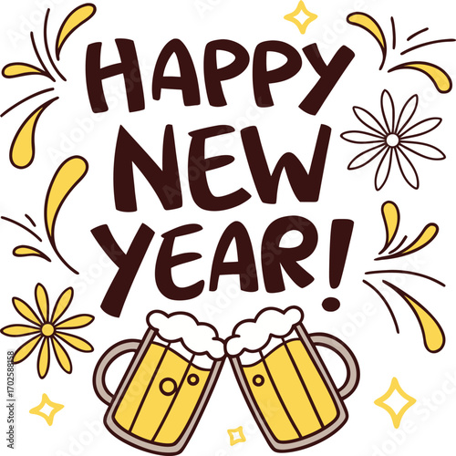 Happy New Year text with clinking beer mugs and festive elements