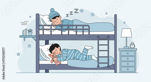 Two Boys Sleep Calmly In Their Bunk Beds, Dreaming Under The Starry Sky And Resting