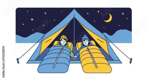 Two Campers Hold Hands Under The Stars Camping Nighttime Illustration Adventure Together