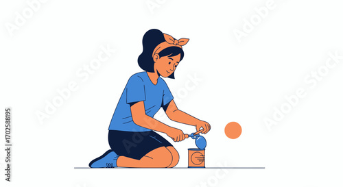Young Woman Opening a Can in Simple Vector Line Art Style Illustration