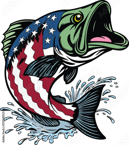 Largemouth bass leaping with American flag 