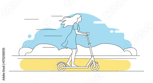 Young Woman Riding Electric Scooter with Wind in Her Hair on a Sunny Day