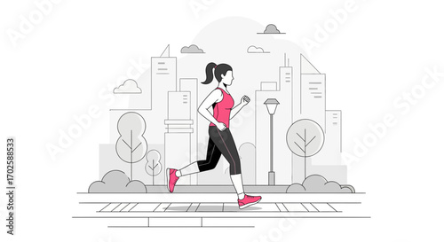 Young woman running in city park enjoying healthy lifestyle and outdoor exercise routine