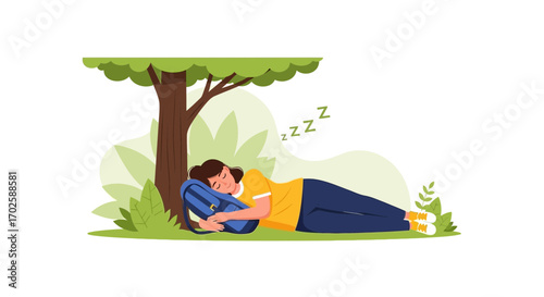 Young Woman Sleeping Peacefully Under A Tree on A Sunny Day of Relax and Reset