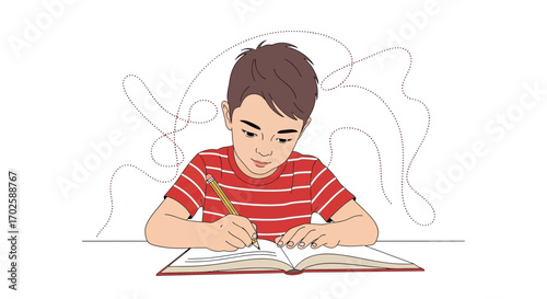 Young Writer Composed During School Using Pencil And Notebook With Artistic Doodles