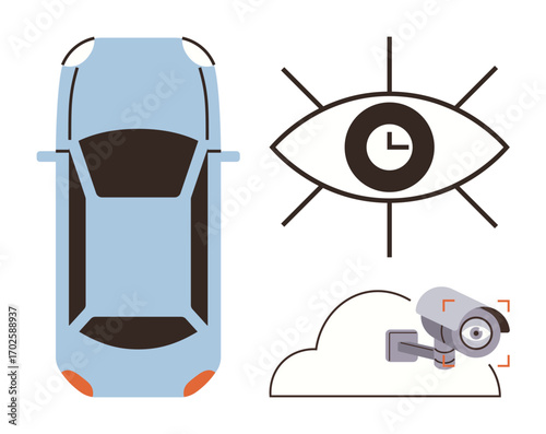 Car, eye with integrated clock, and CCTV camera connected to a cloud concept. Ideal for safety, security, time management, monitoring, surveillance data storage efficiency. Simple flat metaphor