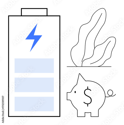 Battery with lightning symbol, abstract leaf design, piggy bank with a dollar sign. Ideal for sustainability, eco solutions, renewable energy, cost savings, green investment, efficiency simple