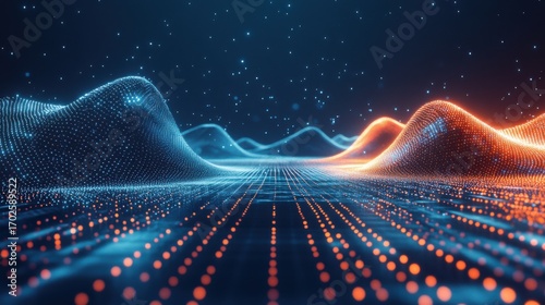 Futuristic landscape of glowing digital mountains and plains made of light particles in blue and orange on a dark starry background, representing data