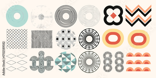 Collection of abstract geometric shapes and patterns in a retro style