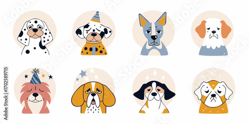 Collection of cute cartoon dog portraits with sad and unhappy expressions in a simple flat style