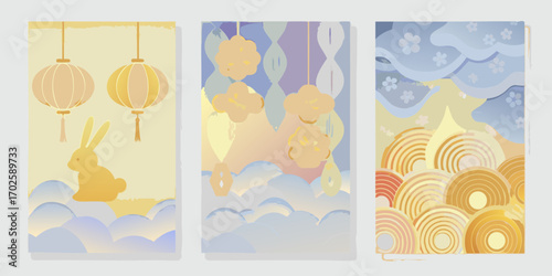 Three panels featuring a golden rabbit and lanterns with clouds and floral motifs