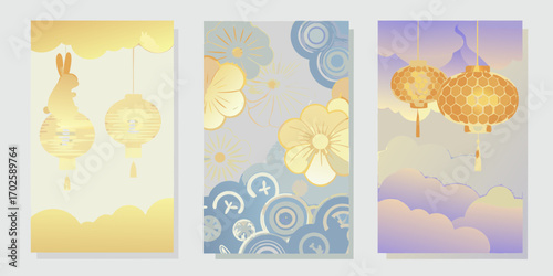 Three vertical panels featuring chinese lanterns a rabbit silhouette and floral motifs in soft pastel colors