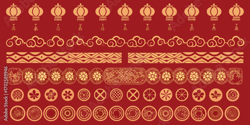 Collection of traditional chinese decorative elements featuring lanterns clouds geometric patterns and floral motifs in red and gold