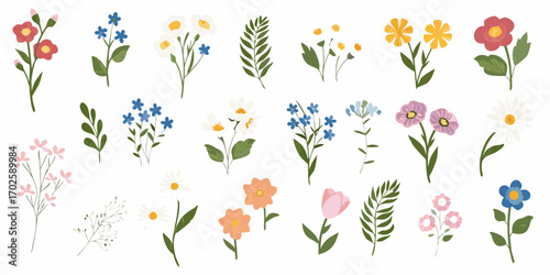 Collection of various hand drawn wildflowers and green leaves isolated on white background