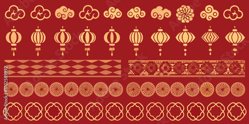 Collection of traditional chinese decorative elements featuring lanterns clouds and ornate borders on red background