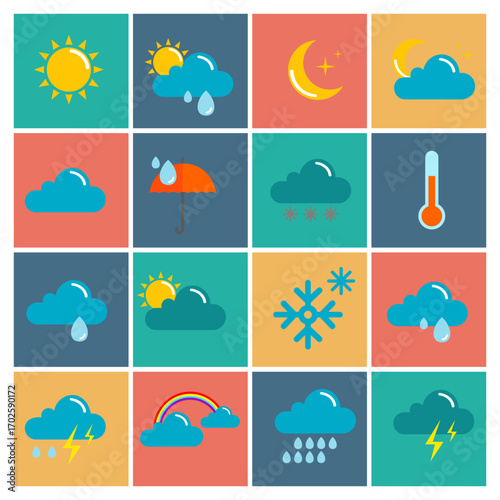 Set of colorful flat weather icons including sun, rain, clouds, snow, lightning, rainbow, and thermometer.