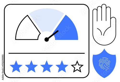 Speedometer with score indicator, star ratings, hand icon, and fingerprint shield. Ideal for cybersecurity, data protection, tech services, identity verification, online security digital trust