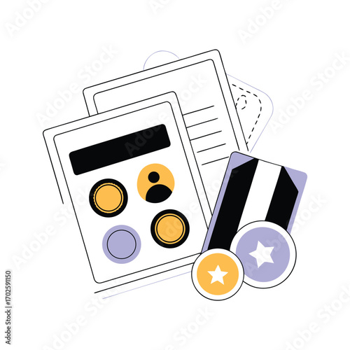 Illustration of documents with awards, coins, and profile icons, representing achievement and success