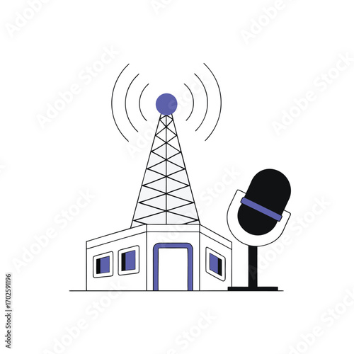 Vector art of radio tower broadcasting signal with a microphone