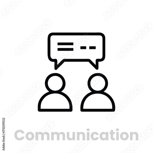 Communication icon isolated on white background editable vector stroke two people with speech bubble above their heads, representing conversation and interaction