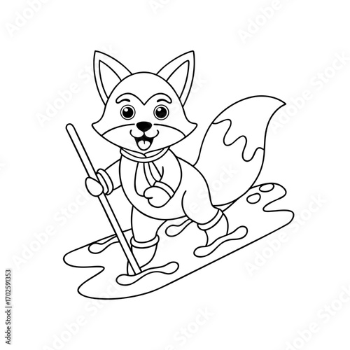 Cheerful Fox Skiing Over Coloring Page