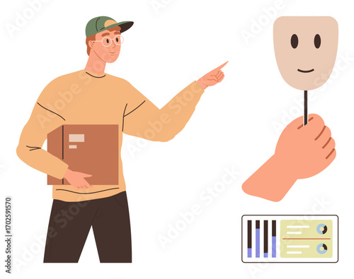 Man holding box and pointing at smiling mask held by hand, next to a data chart. Ideal for identity, analysis, deception, masking, data visualization, personal growth clarity. Simple flat metaphor